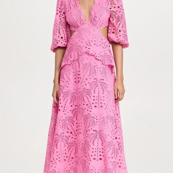 FARM Rio Pink Richelieu Midi Dress Eyelet Scallop Cutout Tuckernuck Sundress - Picture 5 of 9